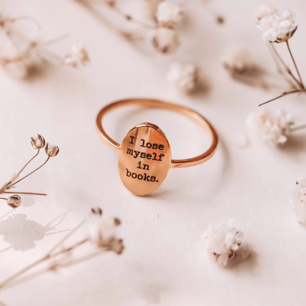 Bookish Box I Lose Myself in Books engraved into ring